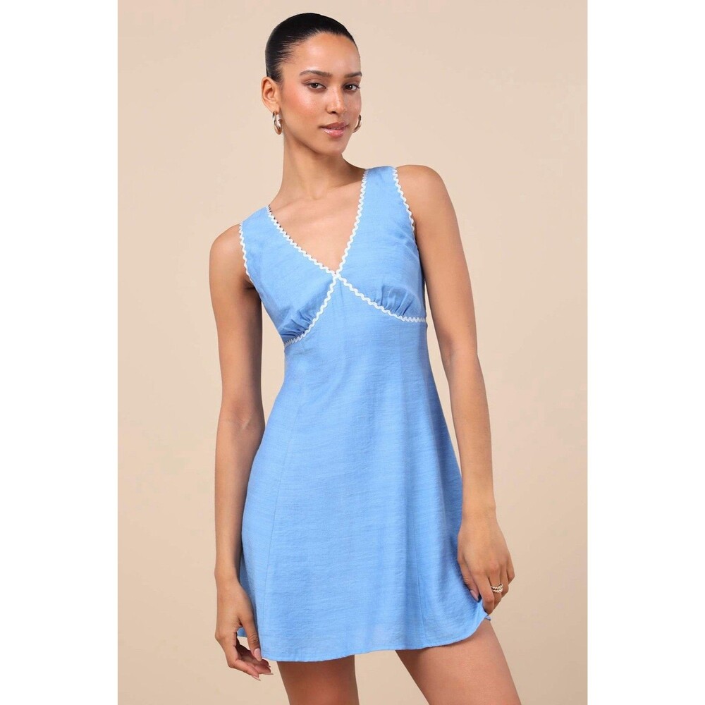 Lulus Arelie Blue Rickrack Sleeveless Mini Dress Size S NWT